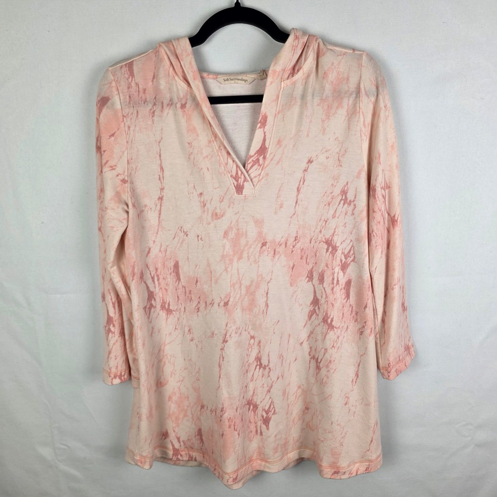 Soft Surroundings Peach Pink Marble Tie Dye Hooded V-Neck Top Womens Medium